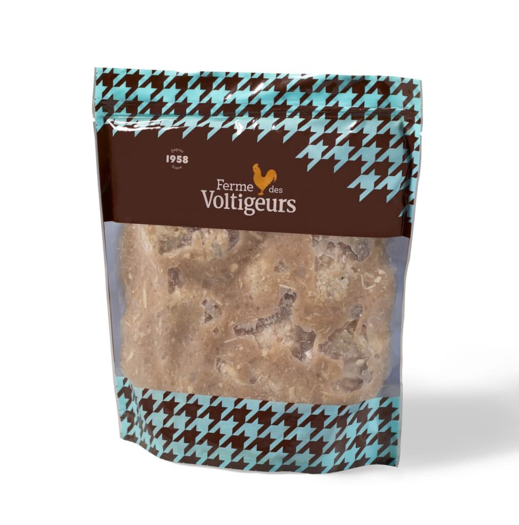 Emballage ragoût de boulettes au poulet Ferme des Voltigeurs. / Ferme des Voltigeurs chicken meatball stew packaging.