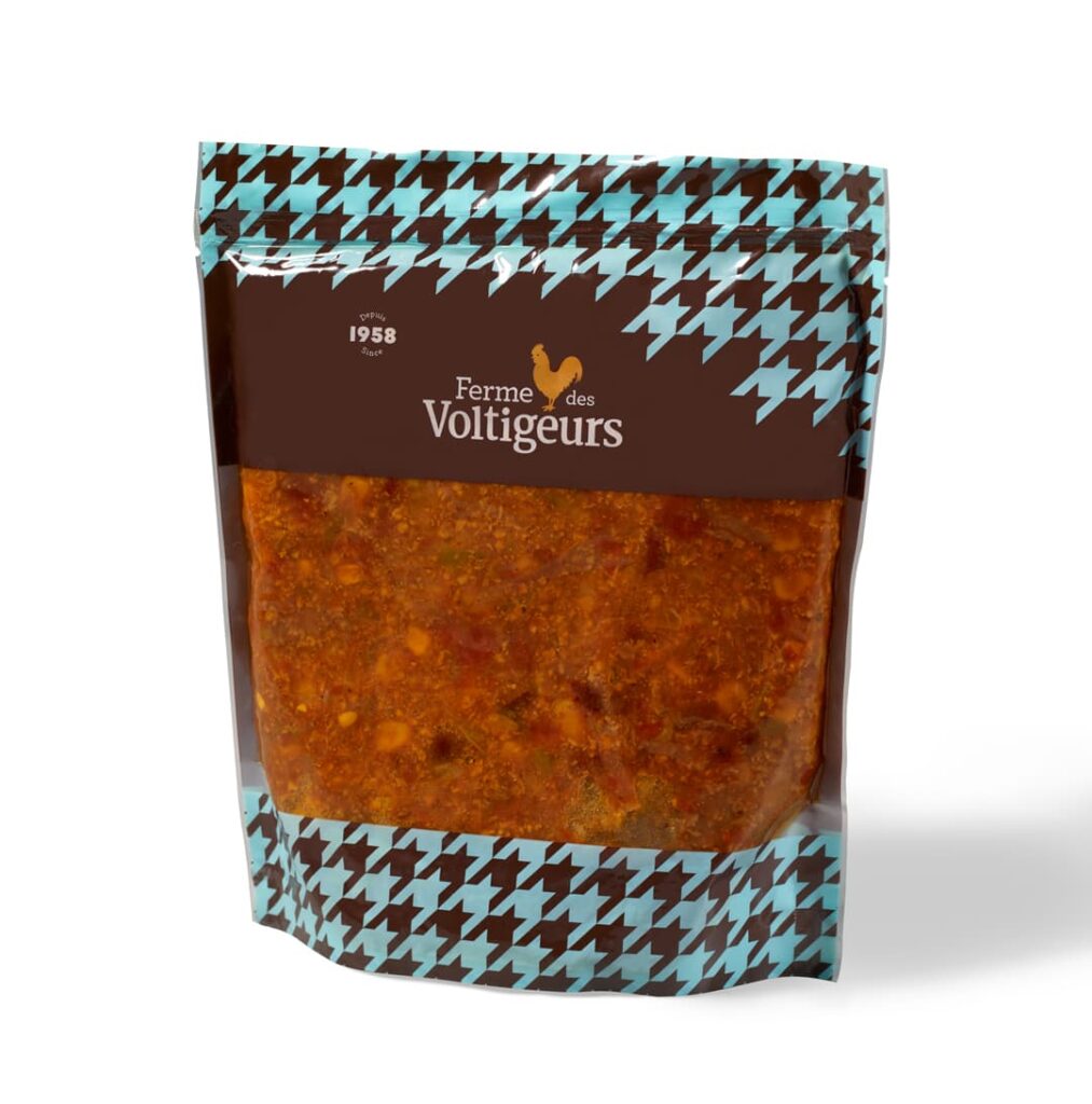 Sachet de chili au poulet de grain Ferme des Voltigeurs 1 litre.