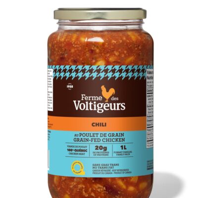 Pot de verre chili au poulet de grain Ferme des Voltigeurs 1 litre.