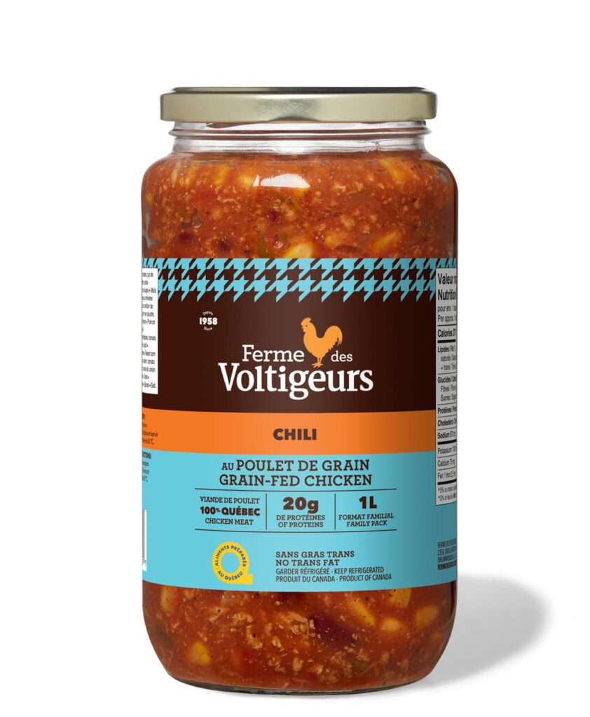 Pot de verre chili au poulet de grain Ferme des Voltigeurs 1 litre.