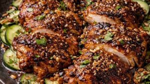 Recette avec hauts de cuisses Ferme des Voltigeurs, sauce sésame et vinaigre noir, en collaboration avec Mélanie Germain de Rythme FM. / Recipe with Ferme des Voltigeurs chicken thighs, sesame and black vinegar sauce, in collaboration with Mélanie Germain from Rythme FM.