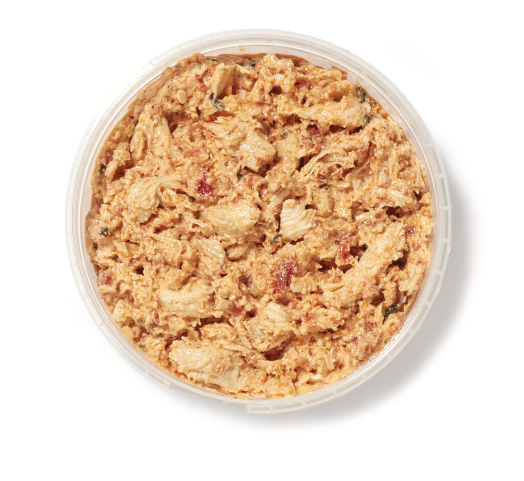 Photo emballage tartinade au poulet de grain - tomates et pesto Ferme des Voltigeurs / Chicken spread packaging photo – Grain-fed chicken, tomato and pesto.