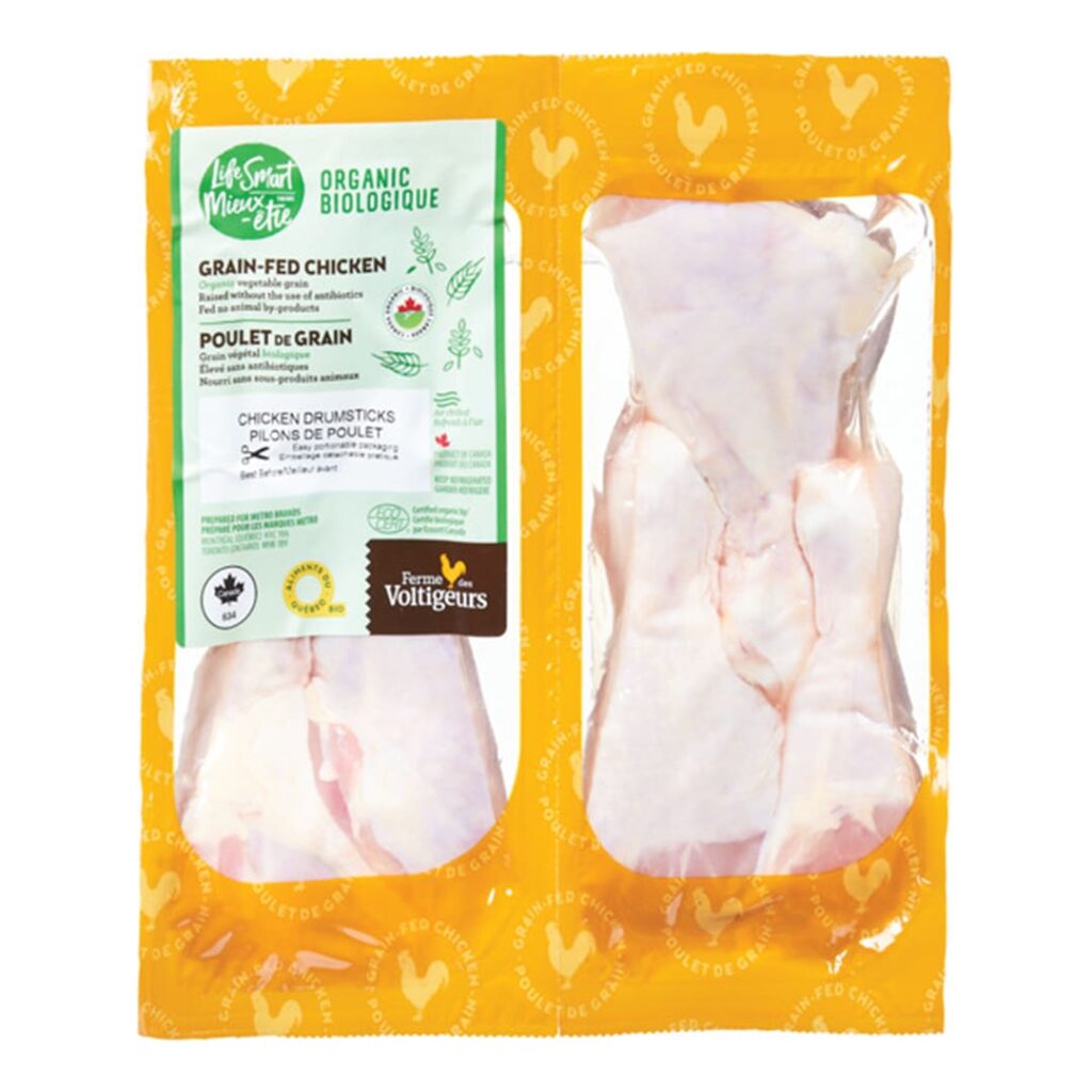 Pilons de poulet de grain biologiques Ferme des Voltigeurs et Metro.