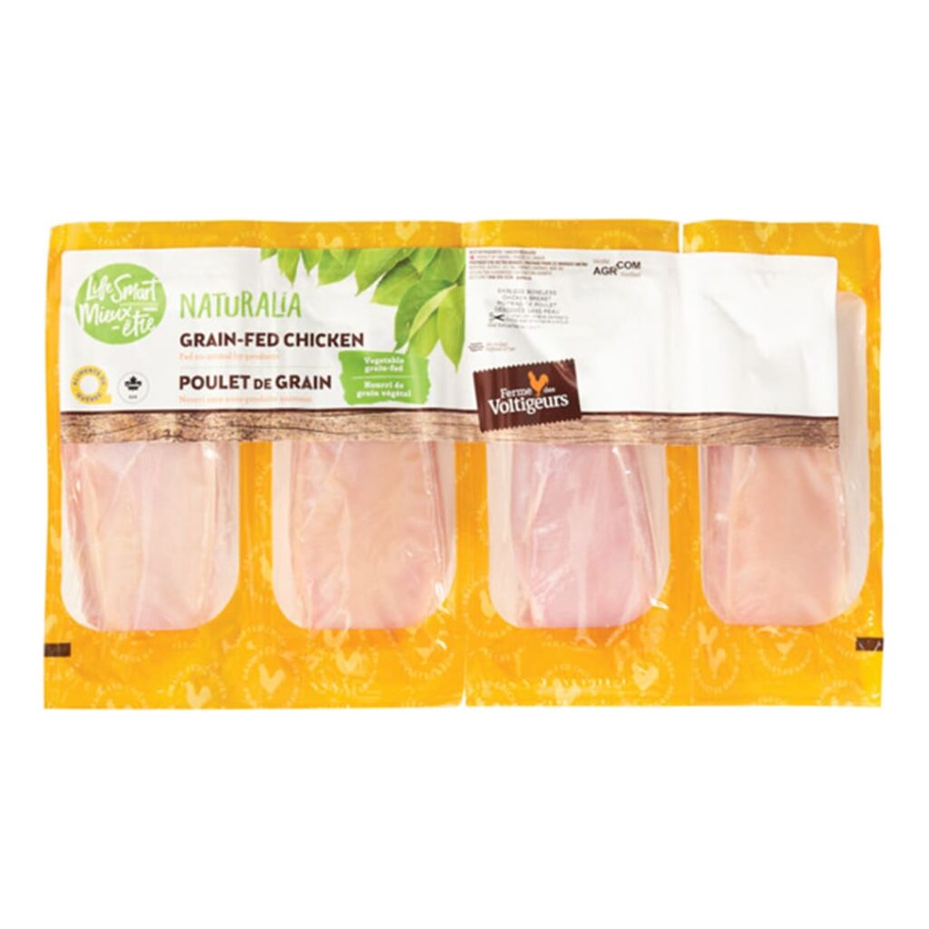 Poitrines de poulet de grain désossées Ferme des Voltigeurs et Metro, emballage de 4 poitrines.