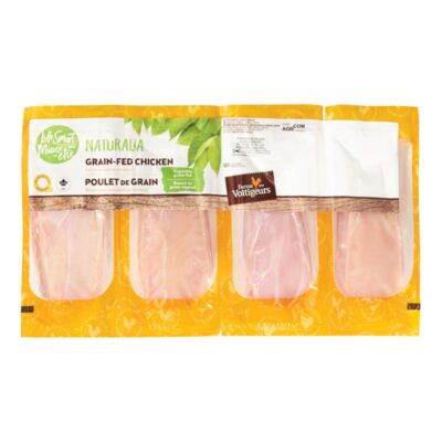 Poitrines de poulet de grain désossées Ferme des Voltigeurs et Metro, emballage de 4 poitrines.