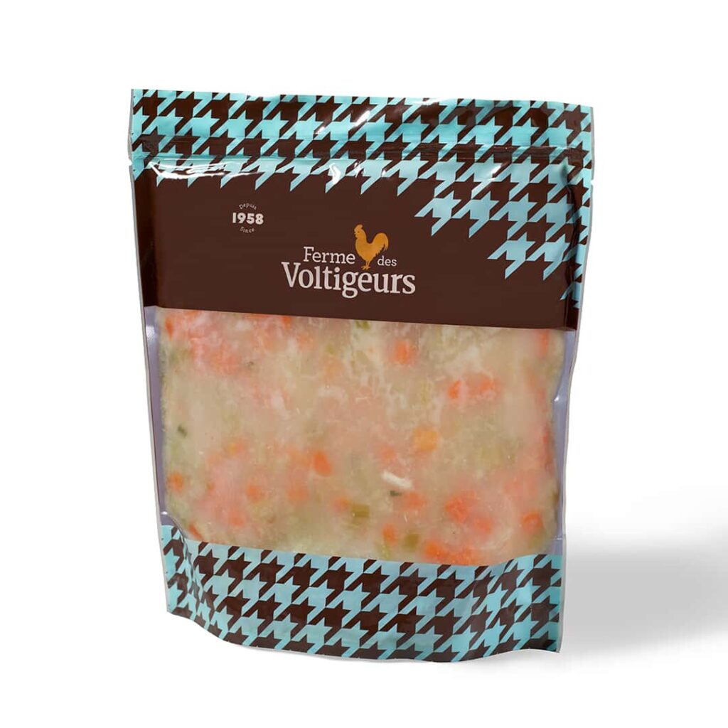 Emballage de la soupe poulet et nouilles de Ferme des Voltigeurs. ¸/ Ferme des Voltigeurs Chicken Noodle Soup Packaging.