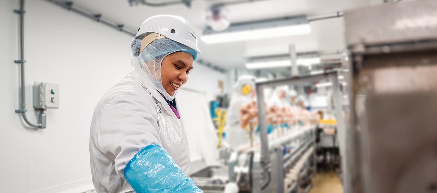 Employé en usine chez Ferme des Voltigeurs, section désossage. / Factory Worker at Ferme des Voltigeurs, Deboning Department.